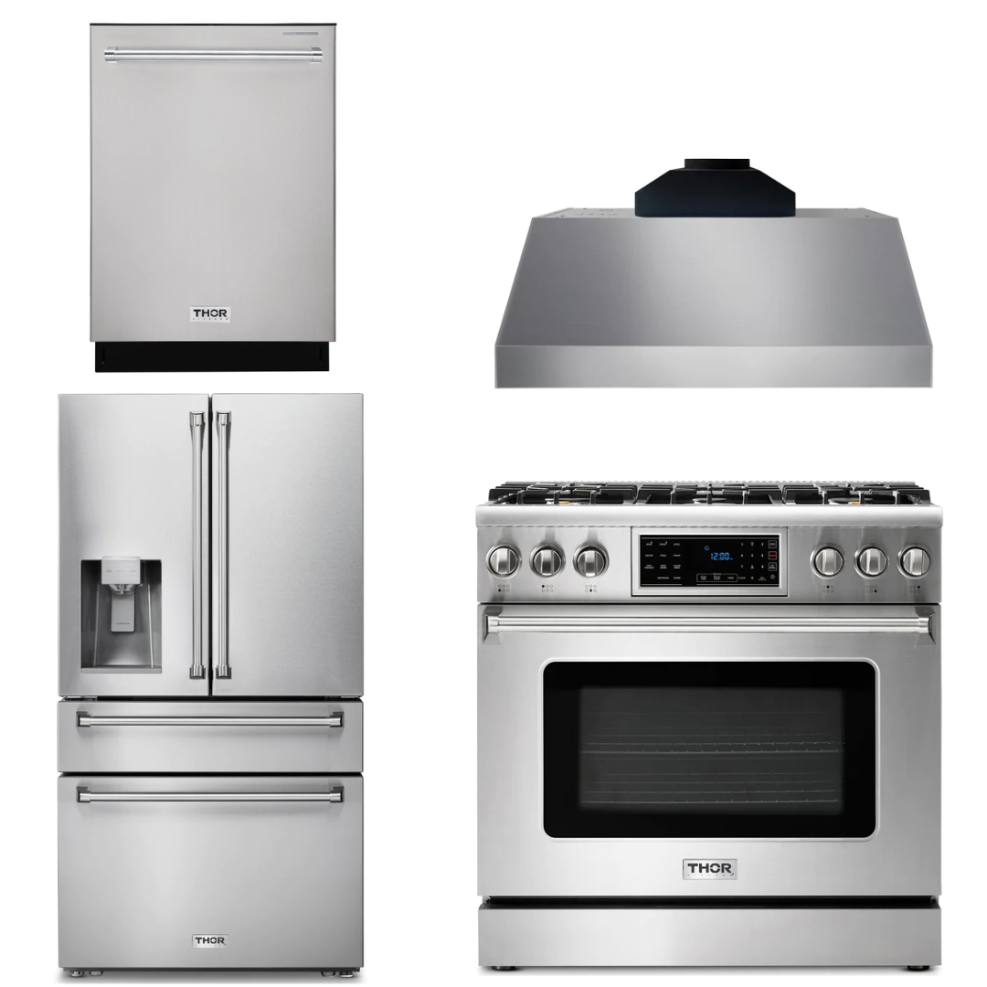 THOR Kitchen Package - 36" Gas Range, Range Hood, Refrigerator with Water and Ice Dispenser, Dishwasher,AP-TRG3601-C-7