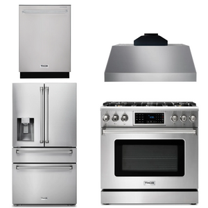 THOR Kitchen Package - 36" Gas Range, Range Hood, Refrigerator with Water and Ice Dispenser, Dishwasher,AP-TRG3601-C-7