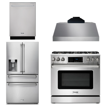THOR Kitchen Package - 36" Gas Range, Range Hood, Refrigerator with Water and Ice Dispenser, Dishwasher,AP-TRG3601-C-7