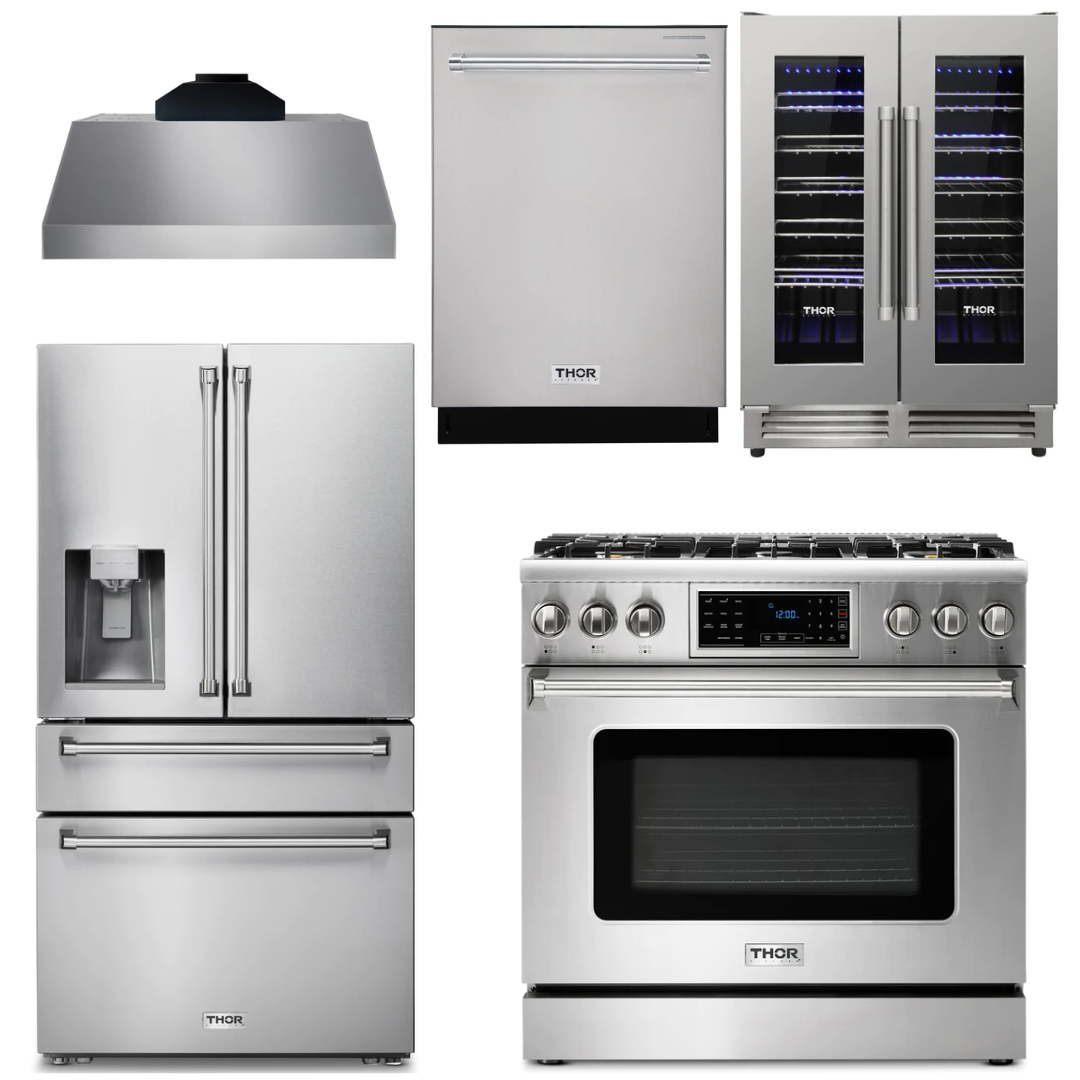 THOR Kitchen Package - 36" Gas Range, Range Hood, Refrigerator with Water and Ice Dispenser, Dishwasher, Wine Cooler, AP-TRG3601-C-8