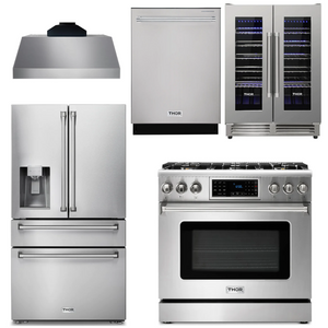 THOR Kitchen Package - 36" Gas Range, Range Hood, Refrigerator with Water and Ice Dispenser, Dishwasher, Wine Cooler, AP-TRG3601-C-8