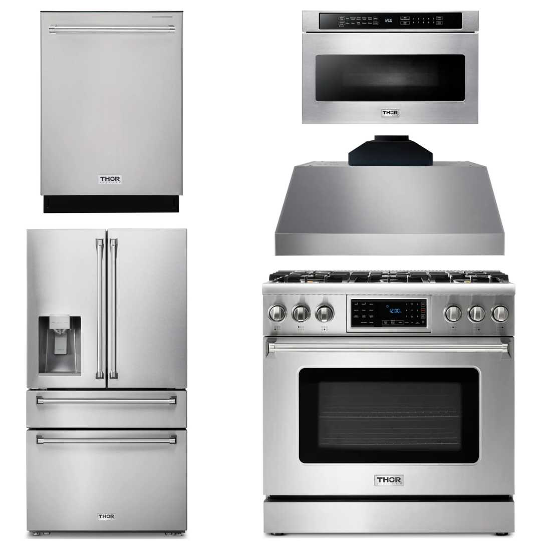 THOR Kitchen Package - 36" Gas Range, Range Hood, Microwave, Refrigerator with Water and Ice Dispenser, Dishwasher, AP-TRG3601-C-9