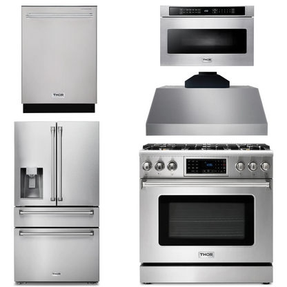 THOR Kitchen Package - 36" Gas Range, Range Hood, Microwave, Refrigerator with Water and Ice Dispenser, Dishwasher, AP-TRG3601-C-9