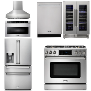 THOR Kitchen Package - 36" Gas Range, Range Hood, Microwave, Refrigerator with Water and Ice Dispenser, Dishwasher, Wine Cooler, AP-TRG3601-W-10