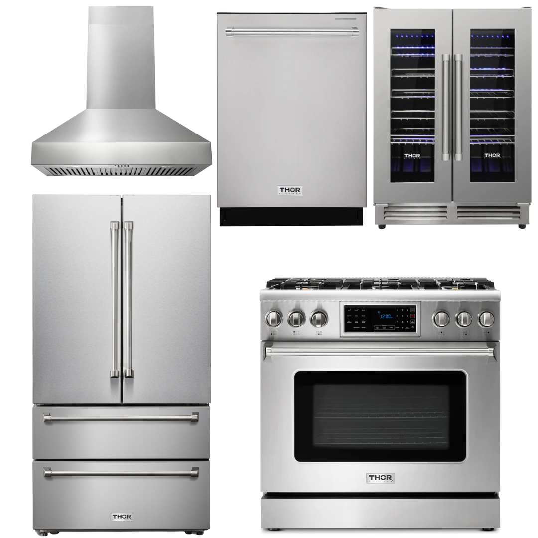 THOR Kitchen Package - 36" Gas Range, Range Hood, Refrigerator, Dishwasher, Wine Cooler, AP-TRG3601-W-3
