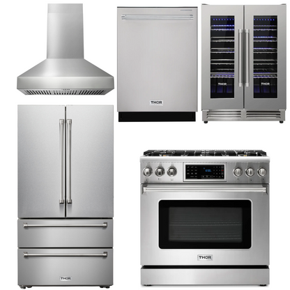 THOR Kitchen Package - 36" Gas Range, Range Hood, Refrigerator, Dishwasher, Wine Cooler, AP-TRG3601-W-3