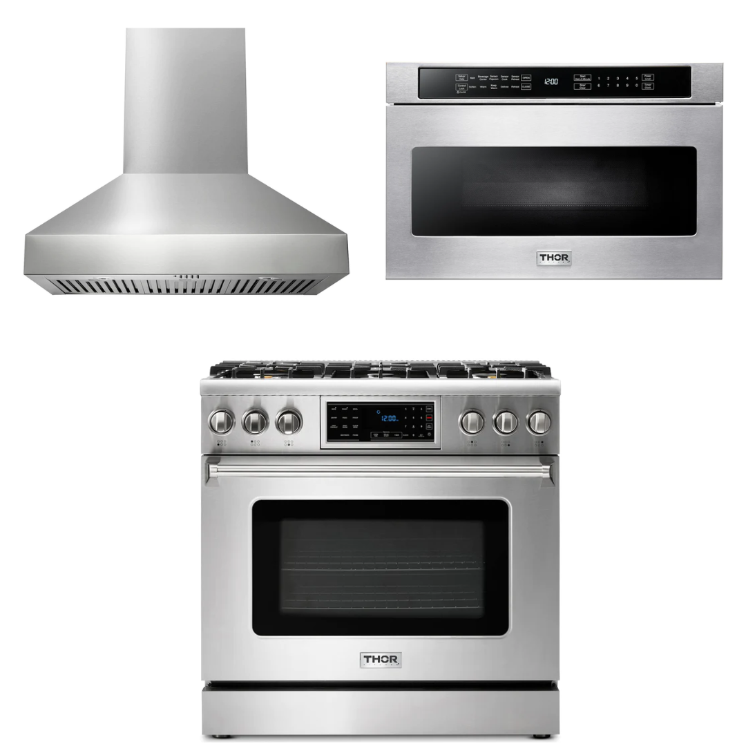 THOR Kitchen Package - 36" Gas Range, Range Hood, Microwave, AP-TRG3601-W-4