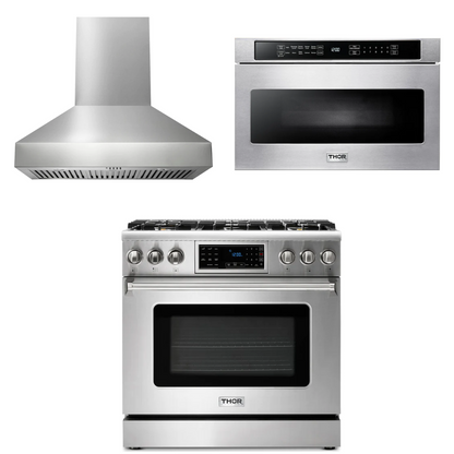 THOR Kitchen Package - 36" Gas Range, Range Hood, Microwave, AP-TRG3601-W-4