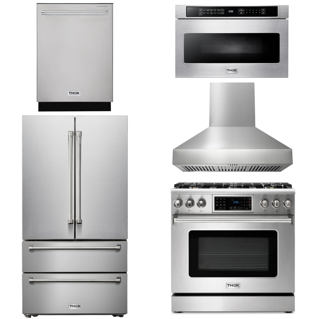 THOR Kitchen Package - 36" Gas Range, Range Hood, Microwave, Refrigerator, Dishwasher, AP-TRG3601-W-5