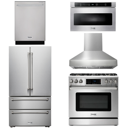 THOR Kitchen Package - 36" Gas Range, Range Hood, Microwave, Refrigerator, Dishwasher, AP-TRG3601-W-5