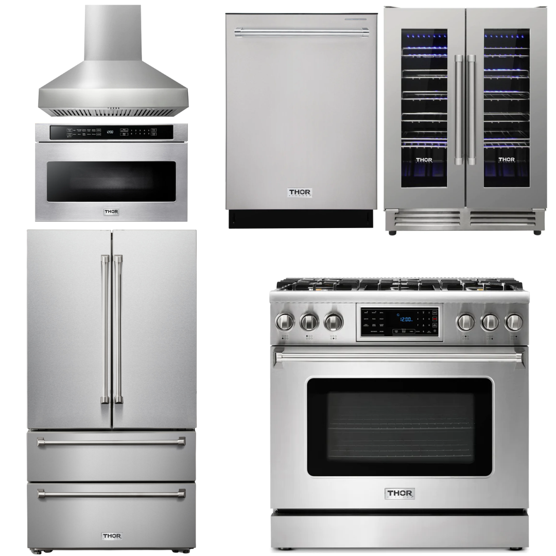 THOR Kitchen Package - 36" Gas Range, Range Hood, Microwave, Refrigerator, Dishwasher, Wine Cooler, AP-TRG3601-W-6