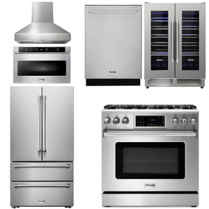 THOR Kitchen Package - 36" Gas Range, Range Hood, Microwave, Refrigerator, Dishwasher, Wine Cooler, AP-TRG3601-W-6
