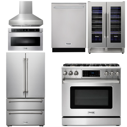 THOR Kitchen Package - 36" Gas Range, Range Hood, Microwave, Refrigerator, Dishwasher, Wine Cooler, AP-TRG3601-W-6