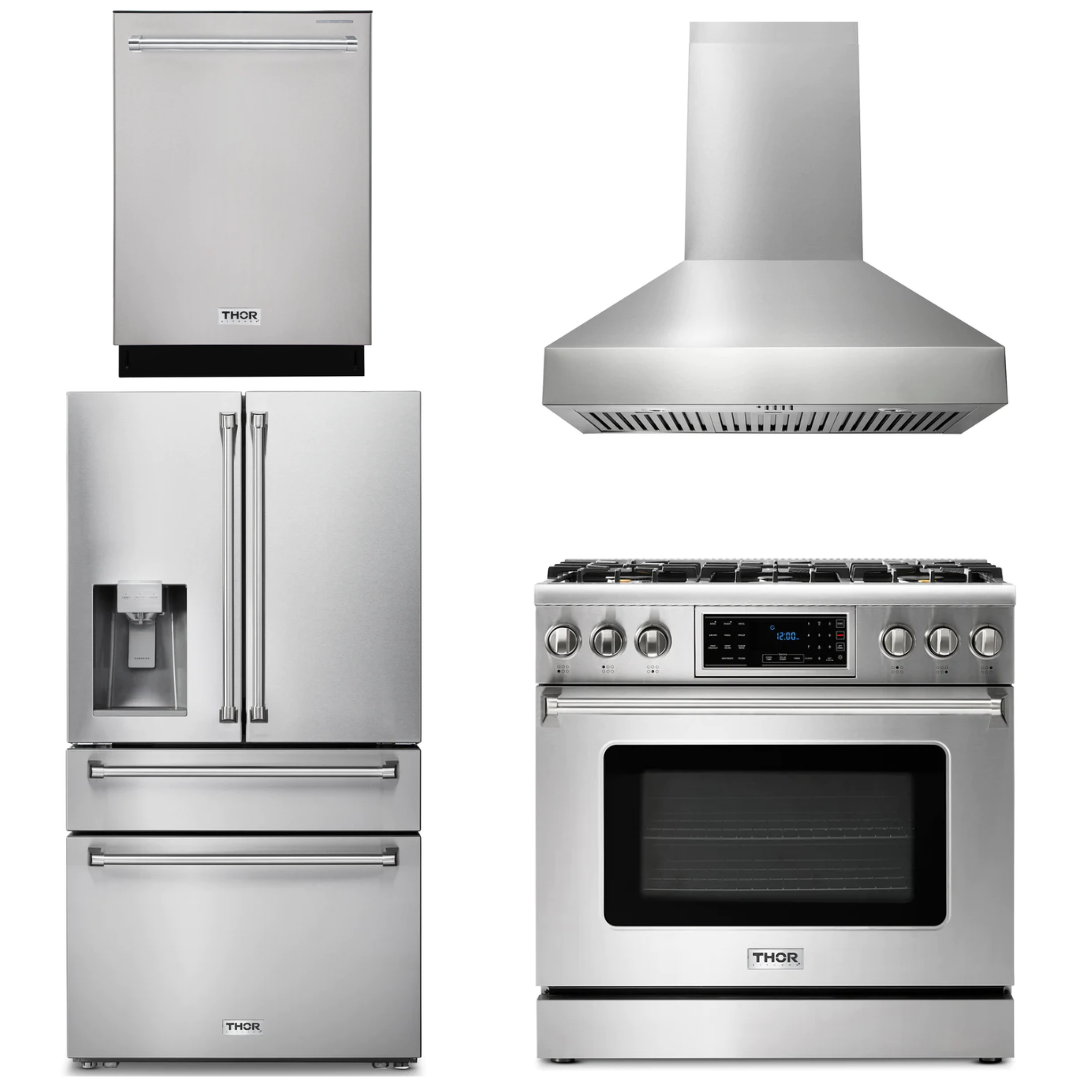 THOR Kitchen Package - 36" Gas Range, Range Hood, Refrigerator with Water and Ice Dispenser, Dishwasher, AP-TRG3601-W-7