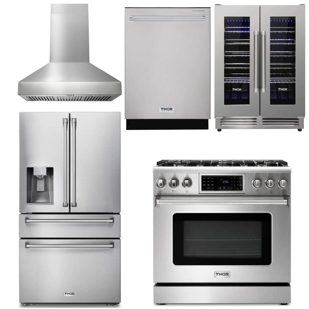 THOR Kitchen Package - 36" Gas Range, Range Hood, Refrigerator with Water and Ice Dispenser, Dishwasher, Wine Cooler, AP-TRG3601-W-8