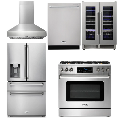 THOR Kitchen Package - 36" Gas Range, Range Hood, Refrigerator with Water and Ice Dispenser, Dishwasher, Wine Cooler, AP-TRG3601-W-8