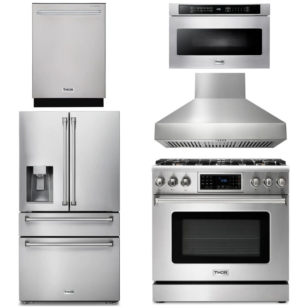 THOR Kitchen Package - 36" Gas Range, Range Hood, Microwave, Refrigerator with Water and Ice Dispenser, Dishwasher, AP-TRG3601-W-9
