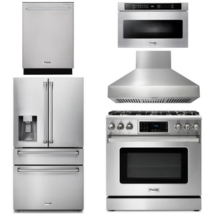 THOR Kitchen Package - 36" Gas Range, Range Hood, Microwave, Refrigerator with Water and Ice Dispenser, Dishwasher, AP-TRG3601-W-9