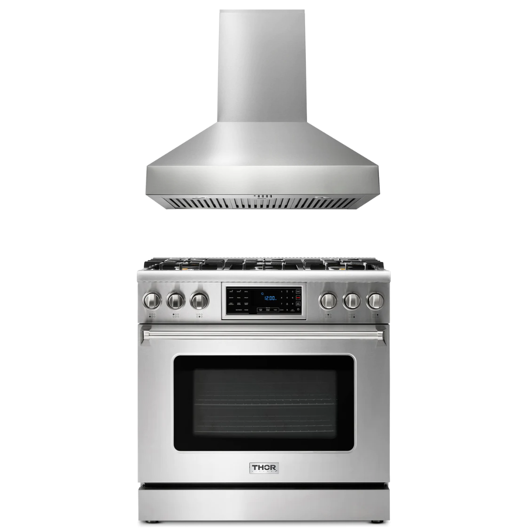 THOR Kitchen Package - 36" Gas Range, Range Hood, AP-TRG3601-W