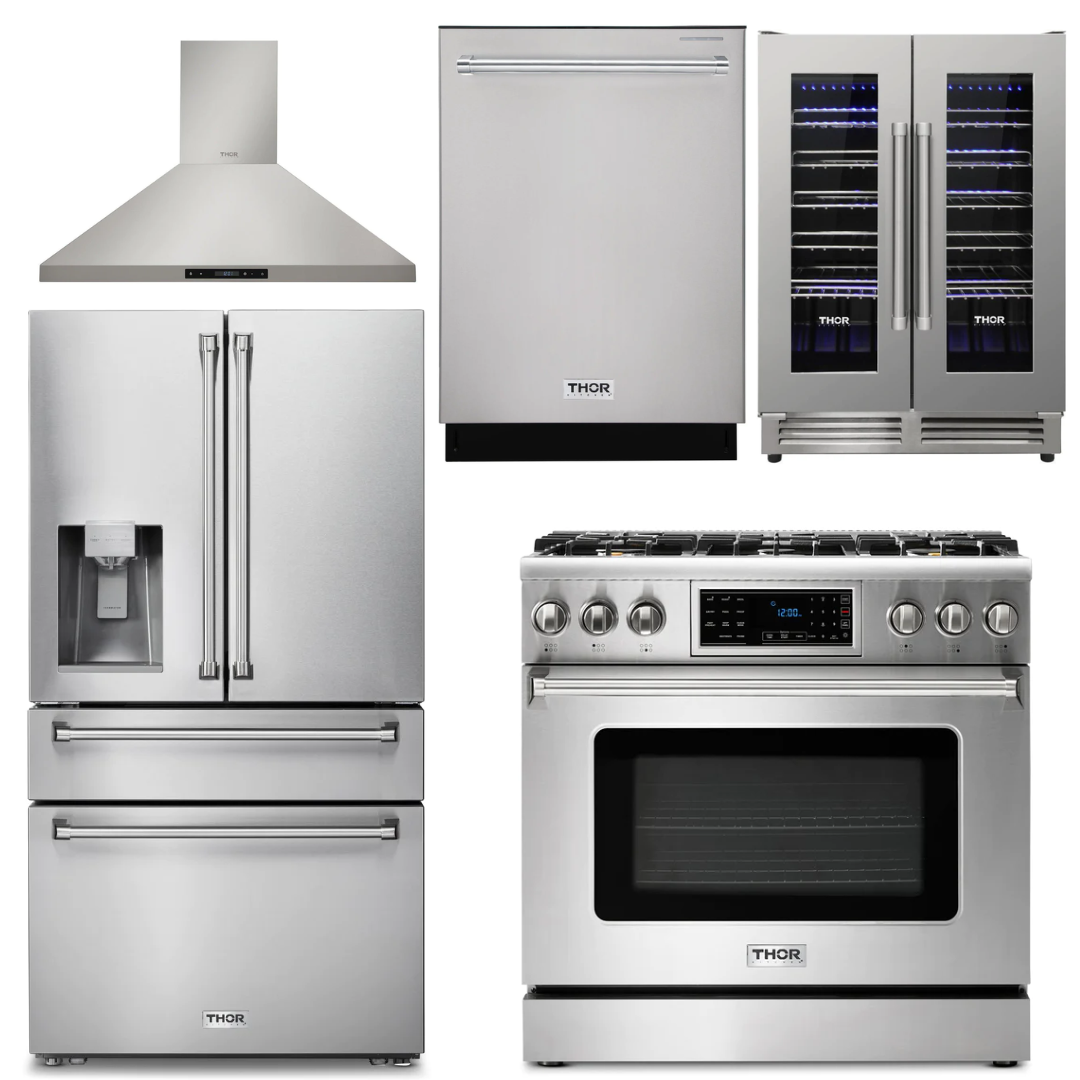THOR Kitchen Package - 36" Propane Gas Range, Range Hood, Refrigerator with Water and Ice Dispenser, Dishwasher, Wine Cooler, AP-TRG3601LP-11