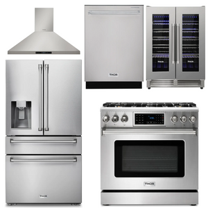 THOR Kitchen Package - 36" Propane Gas Range, Range Hood, Refrigerator with Water and Ice Dispenser, Dishwasher, Wine Cooler, AP-TRG3601LP-11
