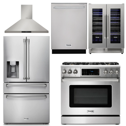 THOR Kitchen Package - 36" Propane Gas Range, Range Hood, Refrigerator with Water and Ice Dispenser, Dishwasher, Wine Cooler, AP-TRG3601LP-11