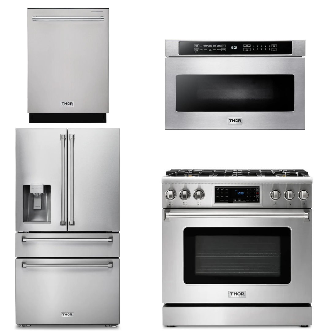 THOR Kitchen Package - 36" Gas Range, Microwave, Refrigerator with Water and Ice Dispenser, Dishwasher, AP-TRG3601LP-12