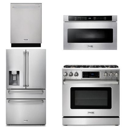 THOR Kitchen Package - 36" Gas Range, Microwave, Refrigerator with Water and Ice Dispenser, Dishwasher, AP-TRG3601LP-12