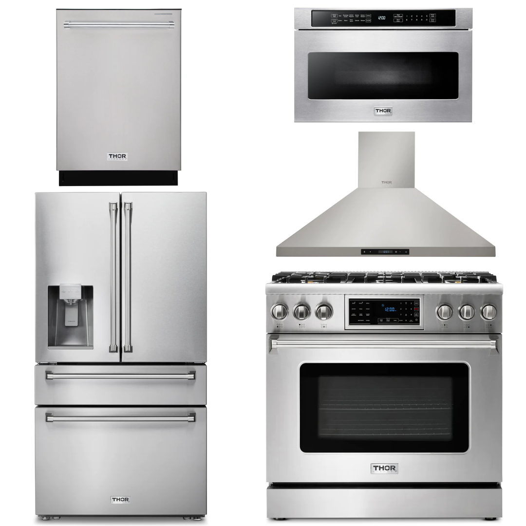 THOR Kitchen Package - 36" Propane Gas Range, Range Hood, Microwave Drawer, Refrigerator with Water & Ice Dispenser, Dishwasher