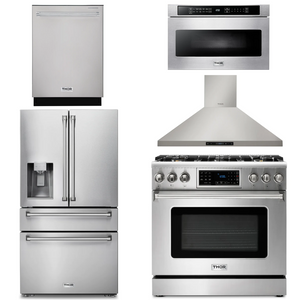 THOR Kitchen Package - 36" Propane Gas Range, Range Hood, Microwave Drawer, Refrigerator with Water & Ice Dispenser, Dishwasher