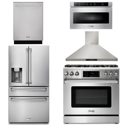 THOR Kitchen Package - 36" Propane Gas Range, Range Hood, Microwave Drawer, Refrigerator with Water & Ice Dispenser, Dishwasher