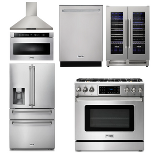 THOR Kitchen Package - 36" Gas Range, Range Hood, Microwave, Refrigerator with Water and Ice Dispenser, Dishwasher, Wine Cooler, AP-TRG3601LP-14