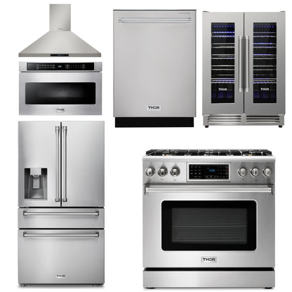 THOR Kitchen Package - 36" Gas Range, Range Hood, Microwave, Refrigerator with Water and Ice Dispenser, Dishwasher, Wine Cooler, AP-TRG3601LP-14