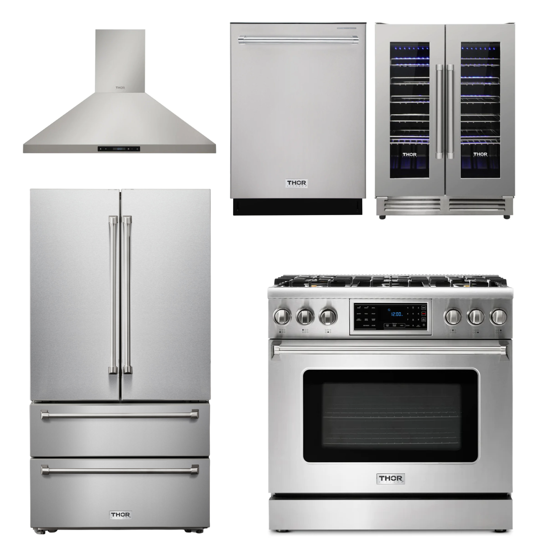 THOR Kitchen Package - 36" Propane Gas Range, Range Hood, Refrigerator, Dishwasher, Wine Cooler, AP-TRG3601LP-4