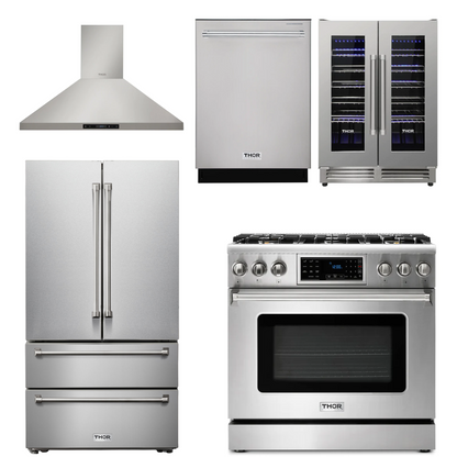 THOR Kitchen Package - 36" Propane Gas Range, Range Hood, Refrigerator, Dishwasher, Wine Cooler, AP-TRG3601LP-4