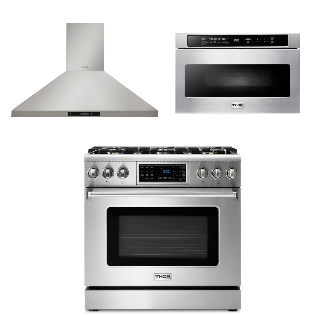 THOR Kitchen Package - 36" Propane Gas Range, Range Hood, Microwave, AP-TRG3601LP-5
