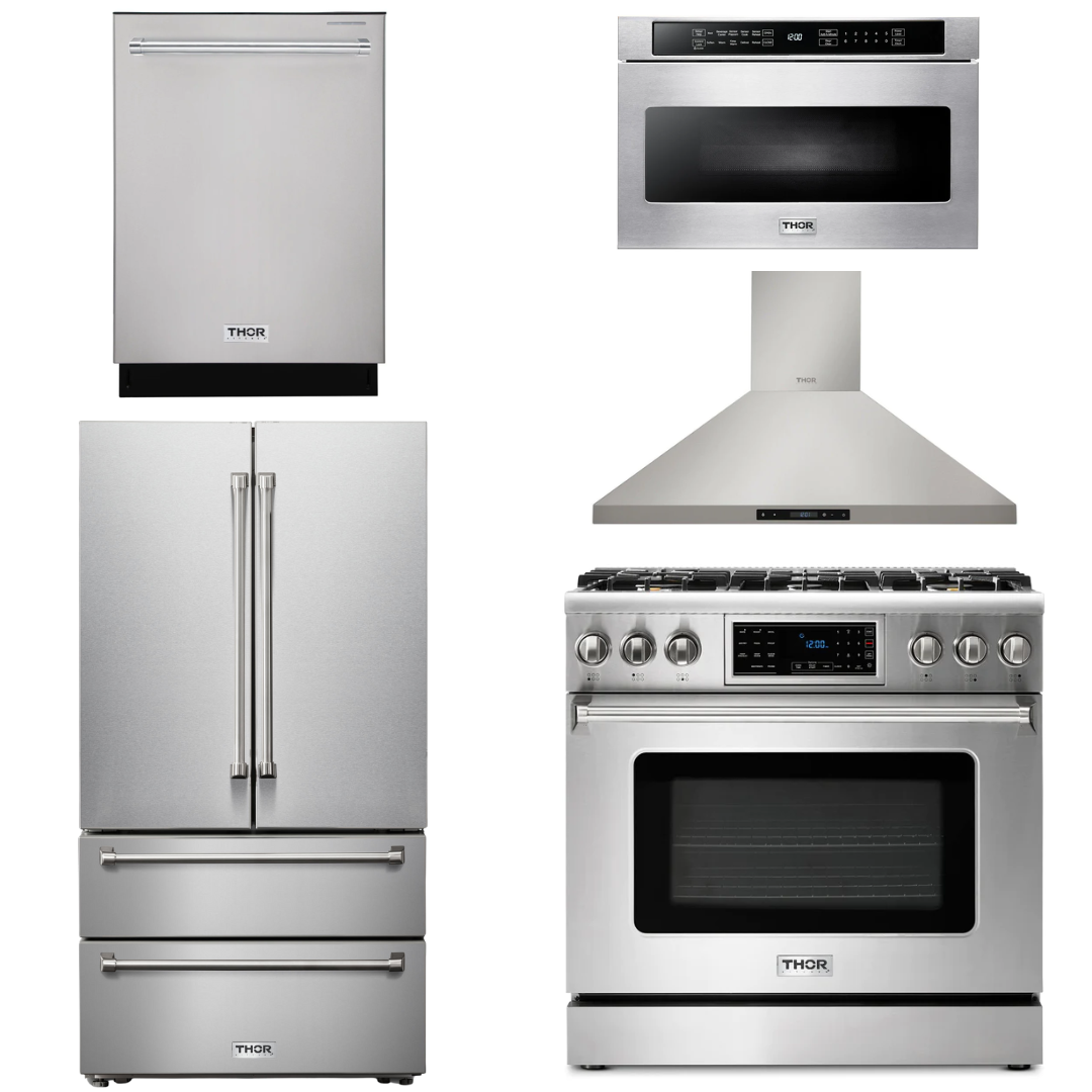 THOR Kitchen Package - 36" Propane Gas Range, Range Hood, Microwave, Refrigerator, Dishwasher, AP-TRG3601LP-7