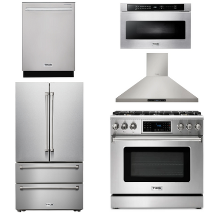 THOR Kitchen Package - 36" Propane Gas Range, Range Hood, Microwave, Refrigerator, Dishwasher, AP-TRG3601LP-7