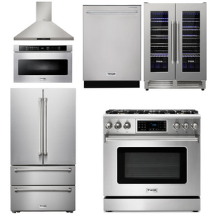 THOR Kitchen Package - 36" Gas Range, Range Hood, Microwave, Refrigerator, Dishwasher, Wine Cooler, AP-TRG3601LP-8