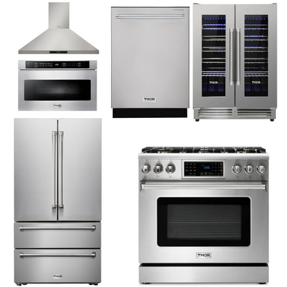 THOR Kitchen Package - 36" Gas Range, Range Hood, Microwave, Refrigerator, Dishwasher, Wine Cooler, AP-TRG3601LP-8