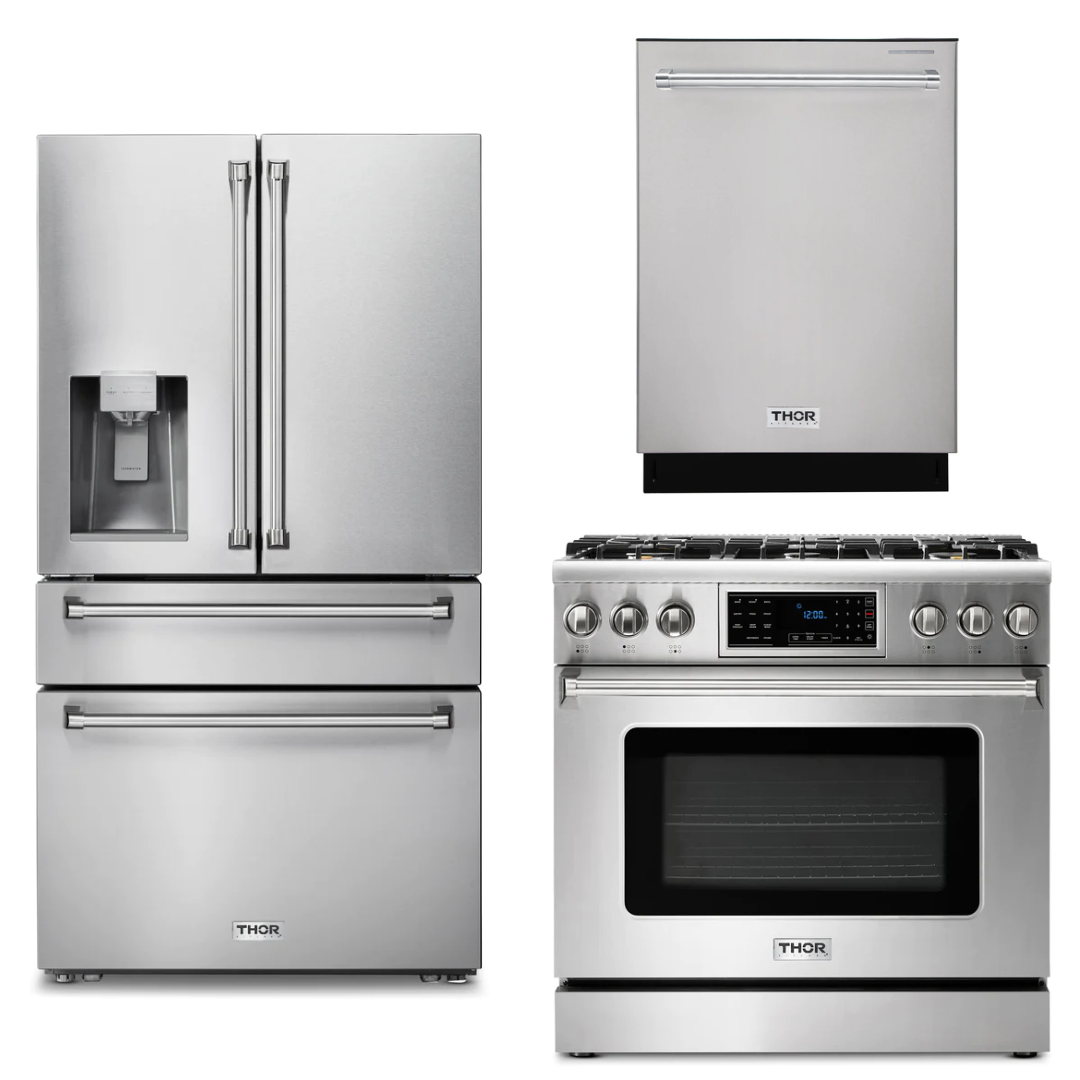 THOR Kitchen Package - 36" Propane Gas Range, Refrigerator with Water and Ice Dispenser, Dishwasher, AP-TRG3601LP-9