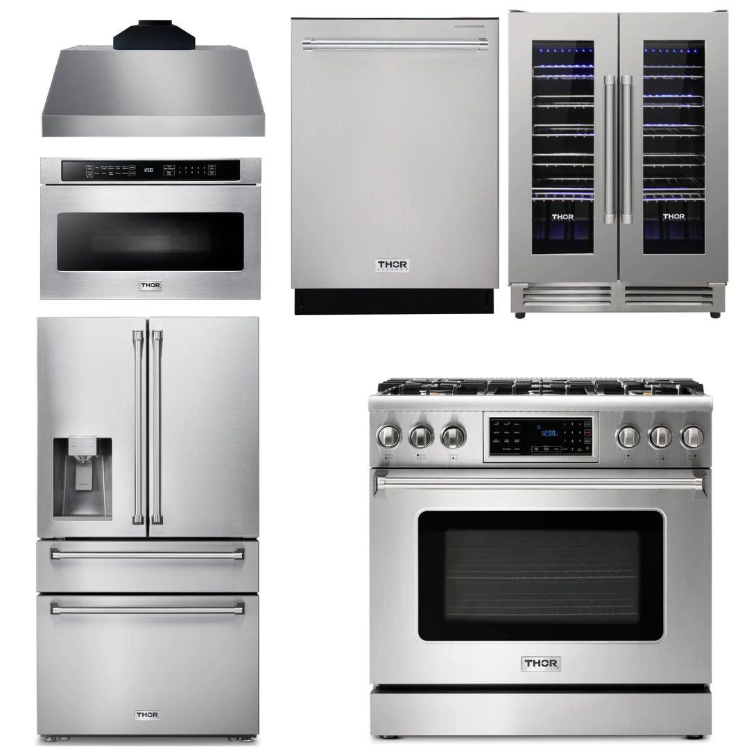 THOR Kitchen Package - 36" Gas Range, Range Hood, Microwave, Refrigerator with Water and Ice Dispenser, Dishwasher, Wine Cooler, AP-TRG3601LP-C-10