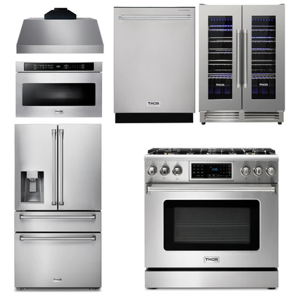 THOR Kitchen Package - 36" Gas Range, Range Hood, Microwave, Refrigerator with Water and Ice Dispenser, Dishwasher, Wine Cooler, AP-TRG3601LP-C-10