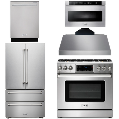 THOR Kitchen Package - 36" Propane Gas Range, Range Hood, Microwave, Refrigerator, Dishwasher, AP-TRG3601LP-C-5