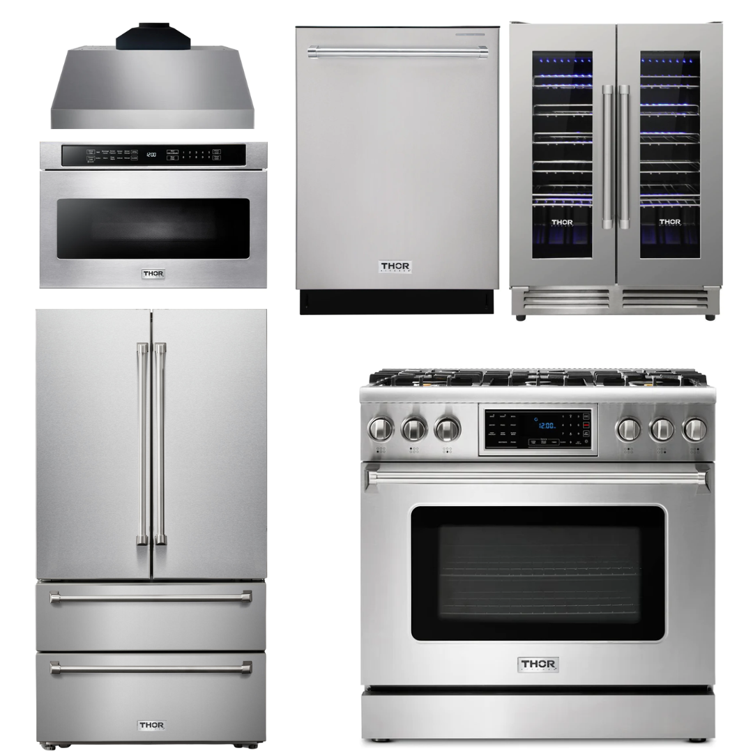 THOR Kitchen Package - 36" Gas Range, Range Hood, Microwave, Refrigerator, Dishwasher, Wine Cooler, AP-TRG3601LP-C-6