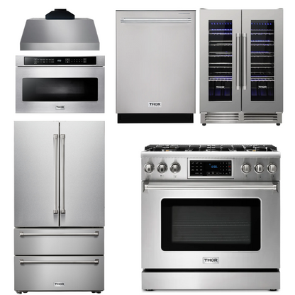 THOR Kitchen Package - 36" Gas Range, Range Hood, Microwave, Refrigerator, Dishwasher, Wine Cooler, AP-TRG3601LP-C-6
