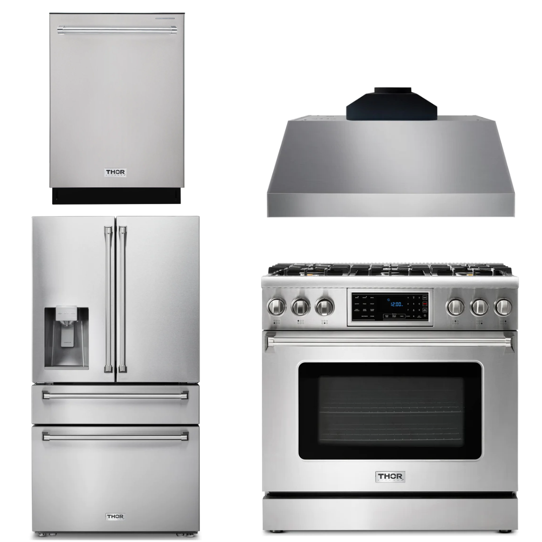 THOR Kitchen Package - 36" Propane Gas Range, Range Hood, Refrigerator with Water and Ice Dispenser, Dishwasher, AP-TRG3601LP-C-7