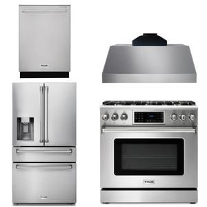 THOR Kitchen Package - 36" Propane Gas Range, Range Hood, Refrigerator with Water and Ice Dispenser, Dishwasher, AP-TRG3601LP-C-7