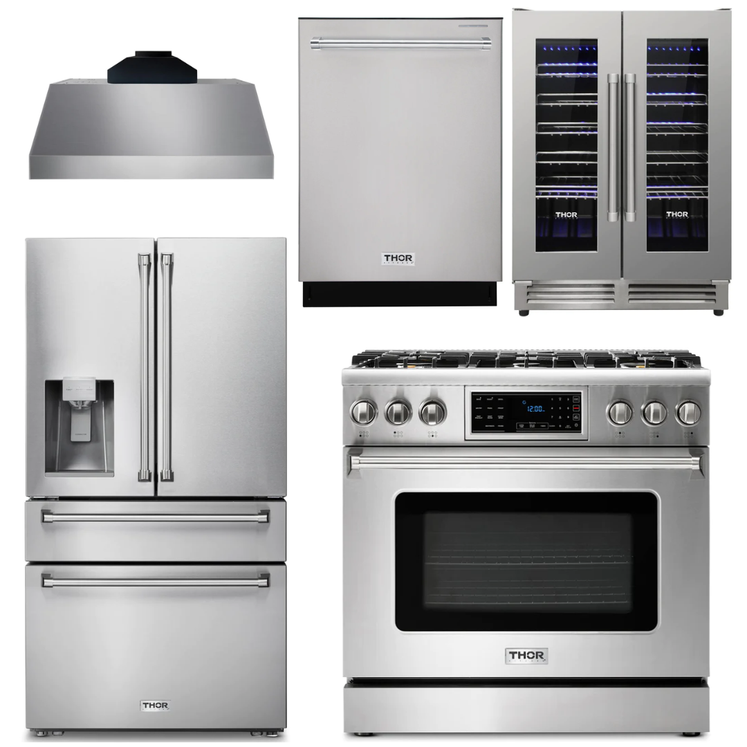 THOR Kitchen Package - 36" Gas Range, Range Hood, Refrigerator with Water and Ice Dispenser, Dishwasher, Wine Cooler, AP-TRG3601LP-C-8