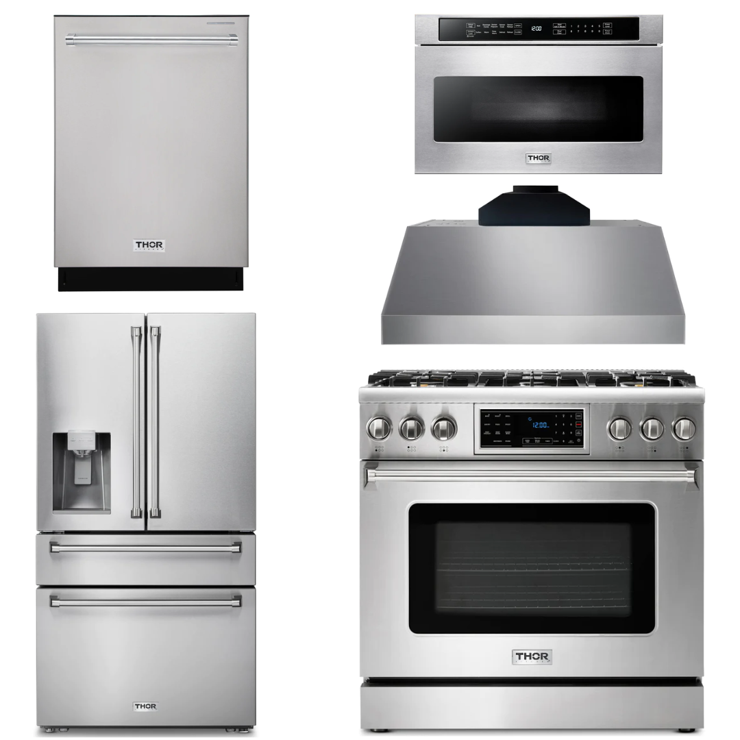 THOR Kitchen Package - 36" Gas Range, Range Hood, Microwave, Refrigerator with Water and Ice Dispenser, Dishwasher, AP-TRG3601LP-C-9